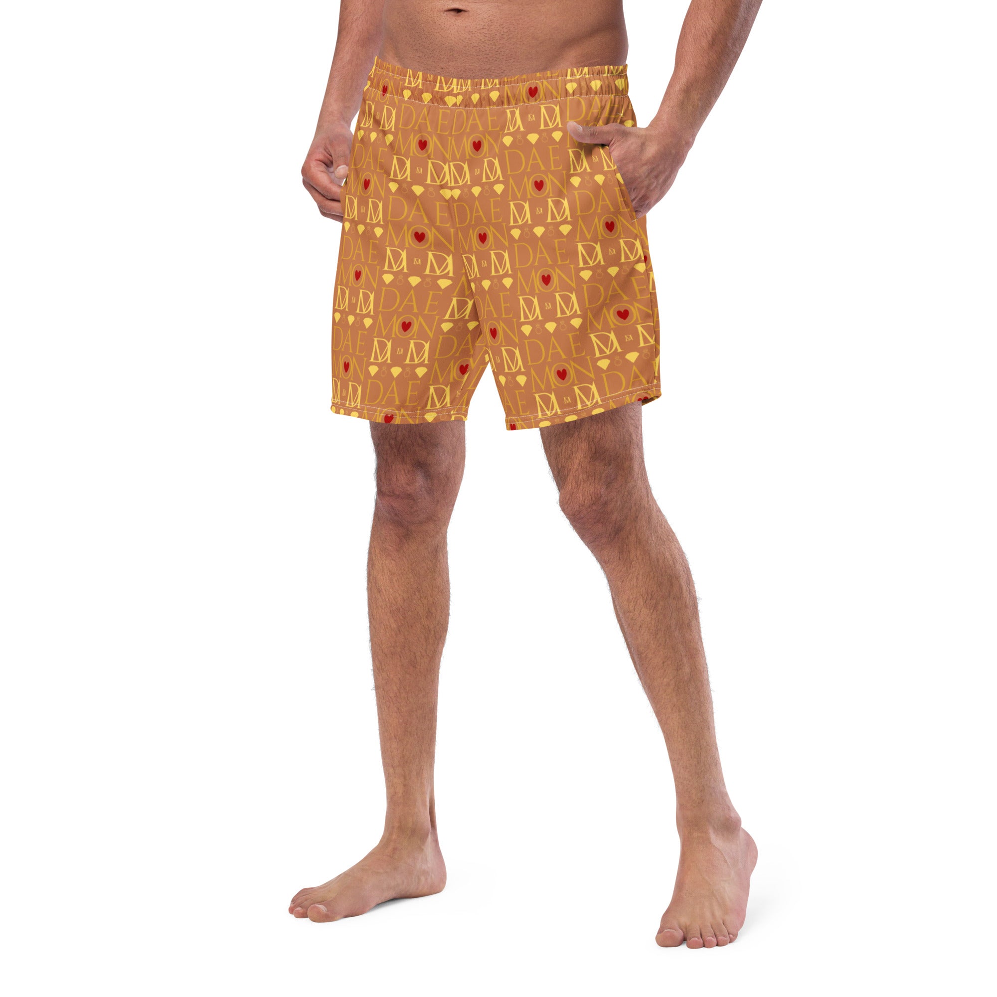 Daemon Luxury Tarmin Dim Sun Glow recycled swim trunks with all-over white print, front view of stylish men's swimwear.