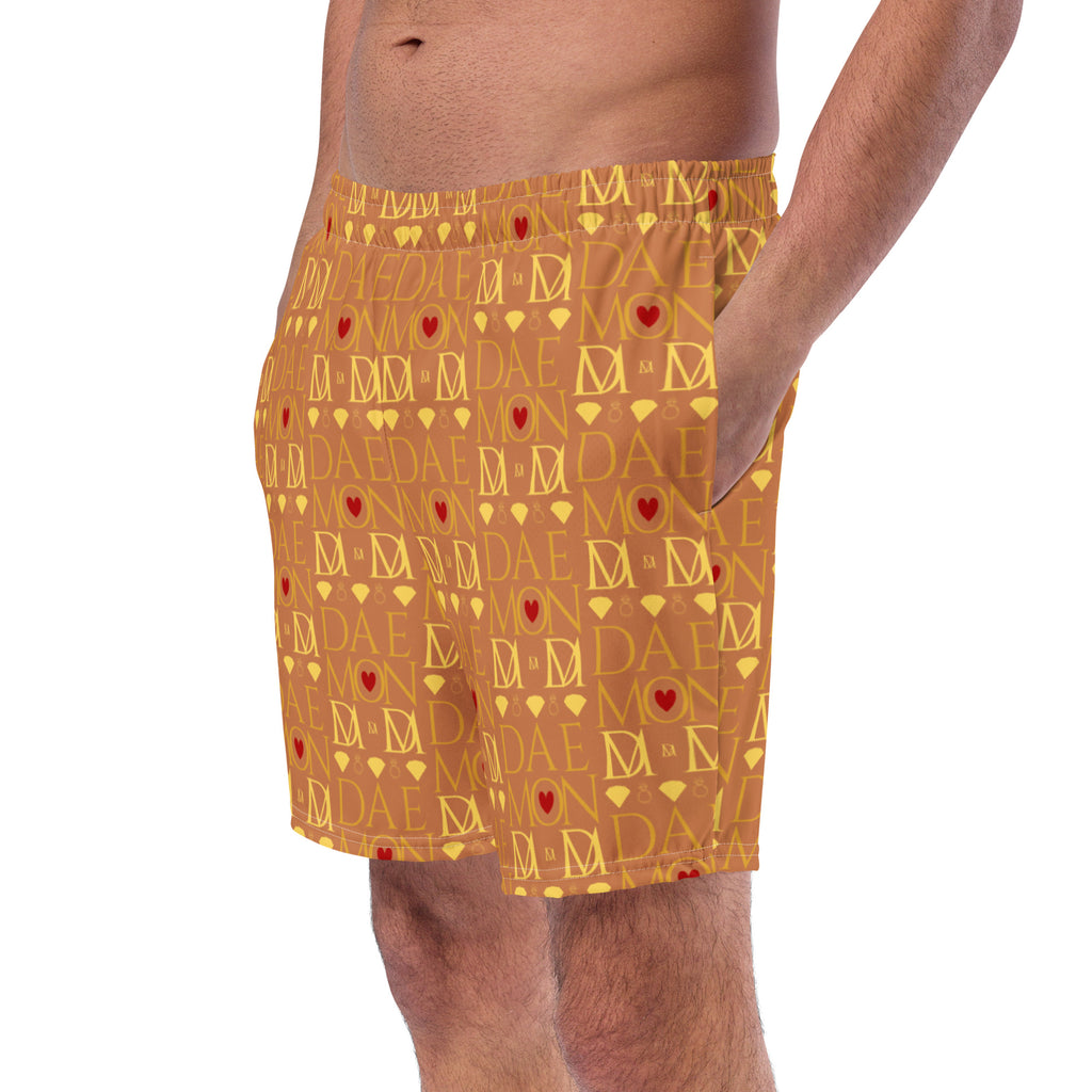 Daemon Luxury Tarmin Dim Sun Glow recycled swim trunks with all-over white and colorful print, front view.