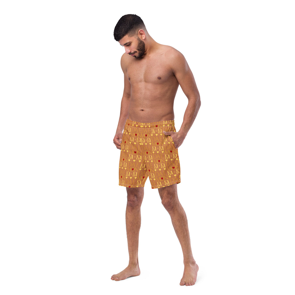 Daemon Luxury Tarmin Dim Sun Glow swim trunks with all-over recycled print, white fabric, front view, stylish and eco-friendly beachwear