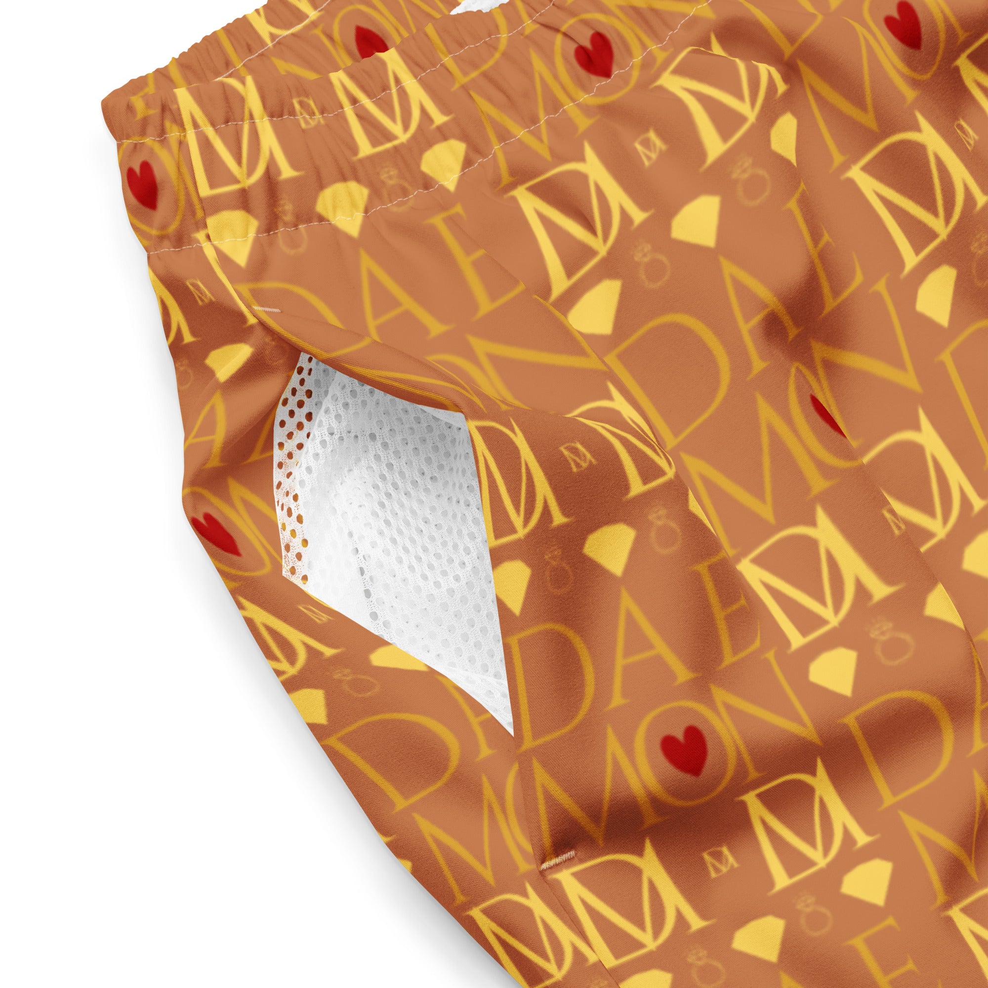 Daemon Luxury Tarmin Dim Sun Glow swim trunks with all-over white recycled print, stylish men's swim shorts.