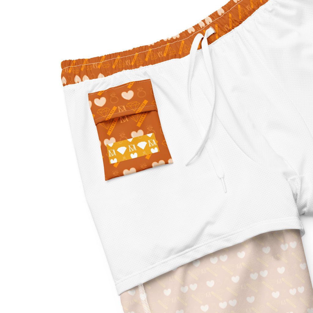 Daemon Luxury Gloomy Runner Honey all-over-print recycled swim trunks with white background and vibrant design.