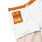 Daemon Luxury Gloomy Runner Honey all-over-print recycled swim trunks with white background and vibrant design.