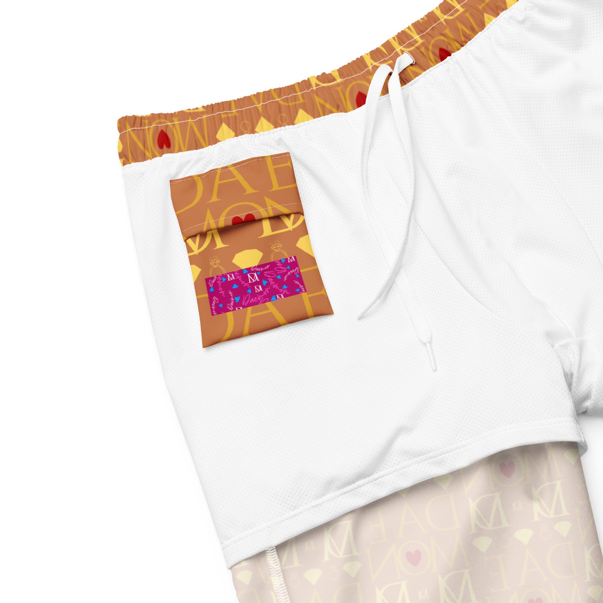 Daemon Luxury Tarmin Dim Sun Glow recycled swim trunks with all-over white print, designed for stylish beach or pool wear.