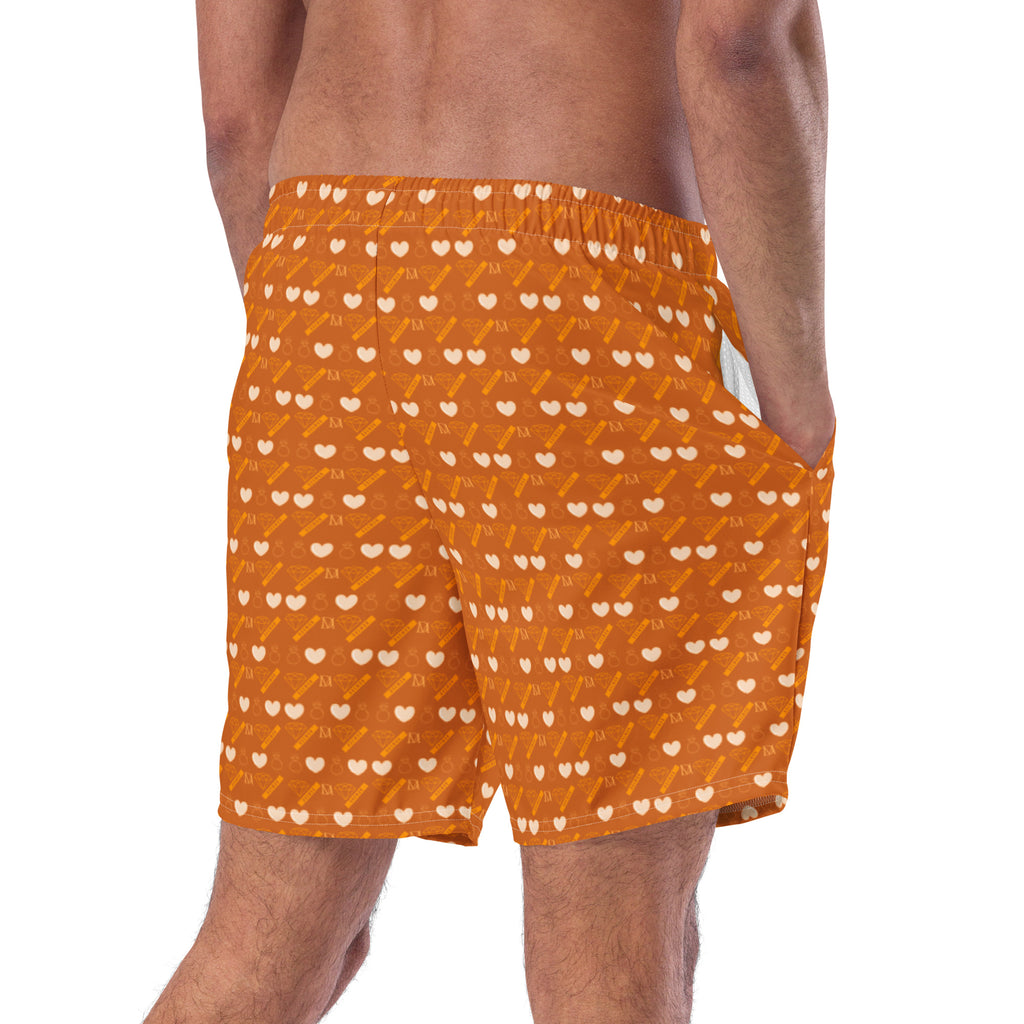 Daemon Luxury Gloomy Runner Honey Sesta recycled swim trunks with all-over print, white fabric, shown from the back.
