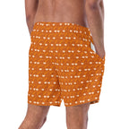 Daemon Luxury Gloomy Runner Honey Sesta recycled swim trunks with all-over print, white fabric, shown from the back.