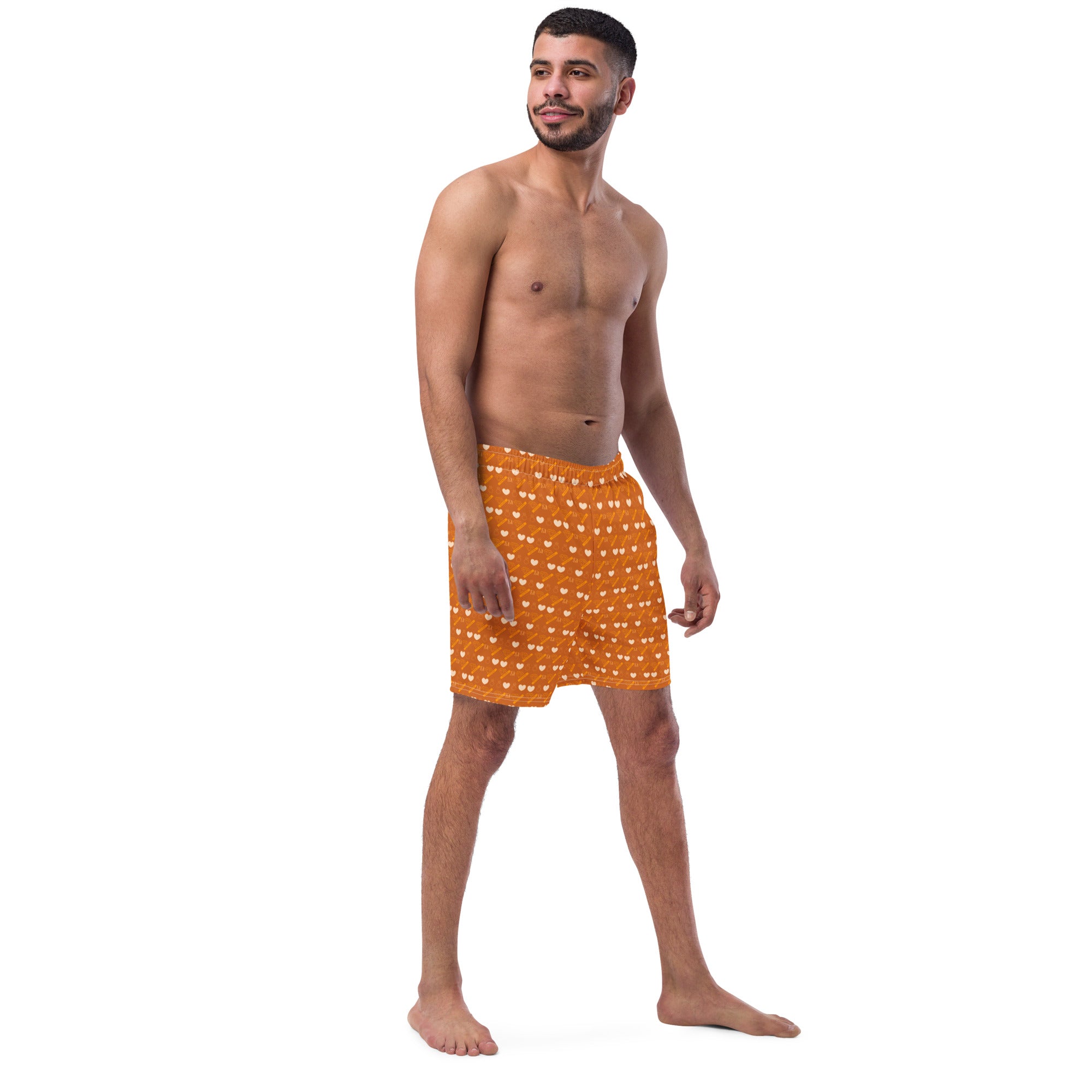 Daemon Luxury Gloomy Runner Honey swim trunks with all-over white and print design, front view of recycled fabric shorts.