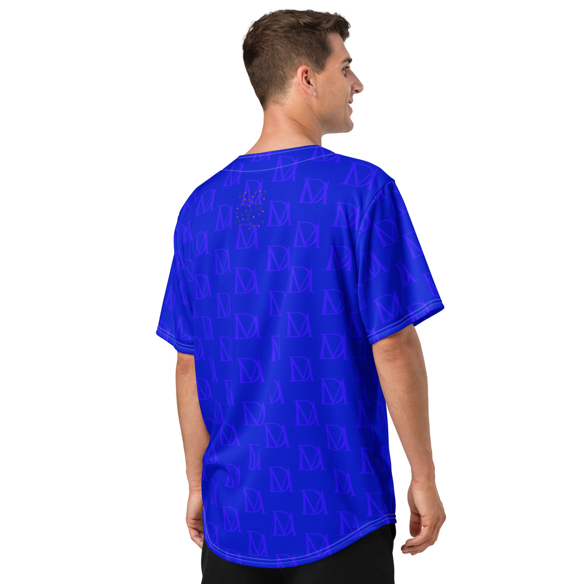 Recycled white unisex baseball jersey by Daemon Luxury with all-over electric indigo print and classic baseball style.