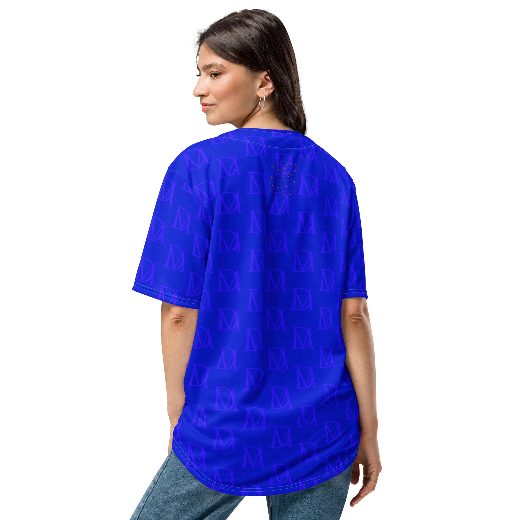 Recycled white unisex baseball jersey by Daemon Luxury with electrical indigo all-over print, showing the back design.