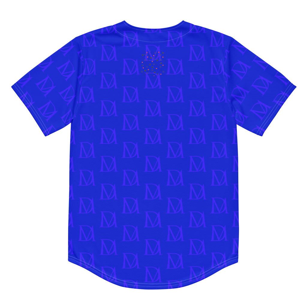 Recycled white unisex baseball jersey by Daemon Luxury with all-over indigo electrical print, casual and stylish athletic wear.