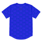 Recycled white unisex baseball jersey by Daemon Luxury with all-over indigo electrical print, casual and stylish athletic wear.