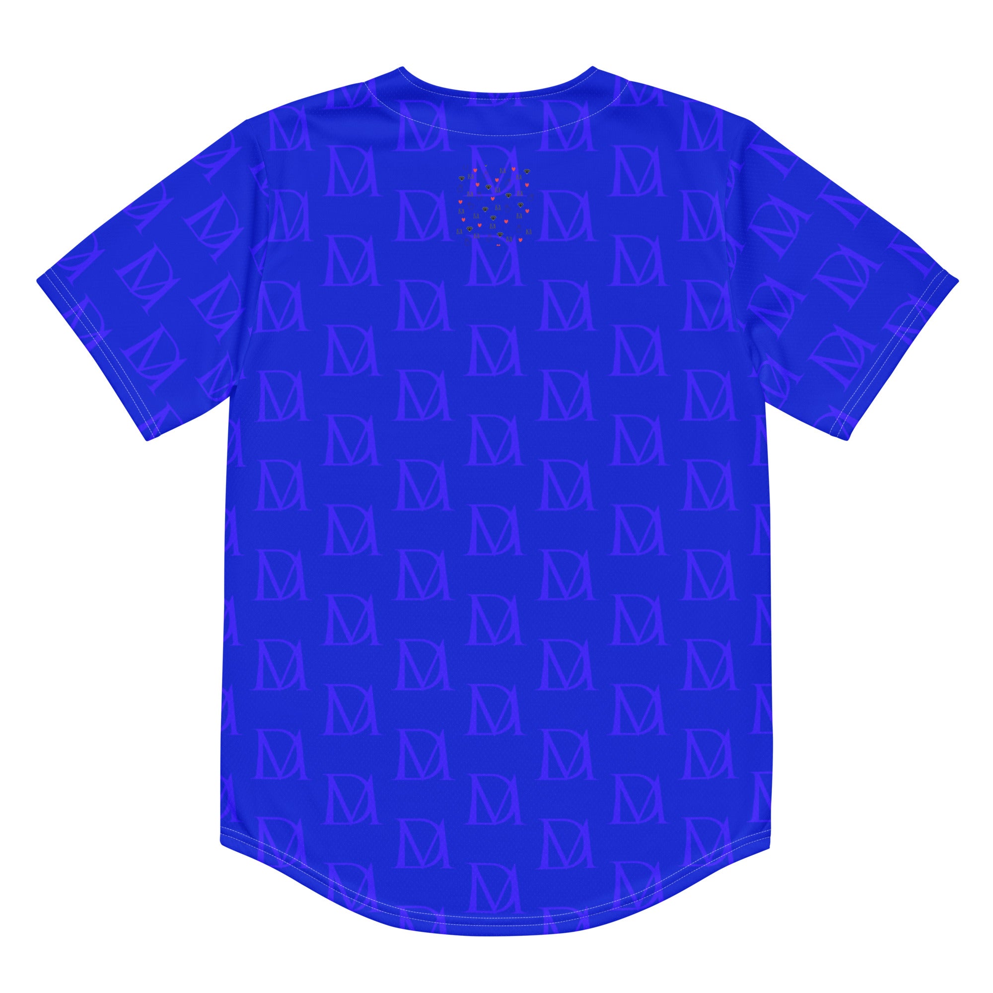 Recycled white unisex baseball jersey by Daemon Luxury with all-over indigo electrical print, casual and stylish athletic wear.