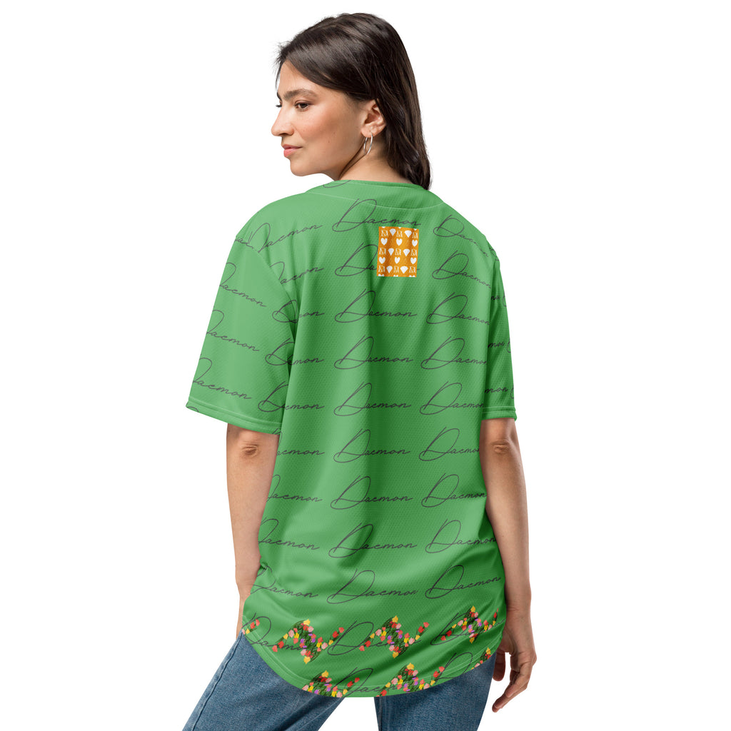 Daemon Luxury Honeybee California Signature Gardens unisex all-over-print recycled baseball jersey with white back.