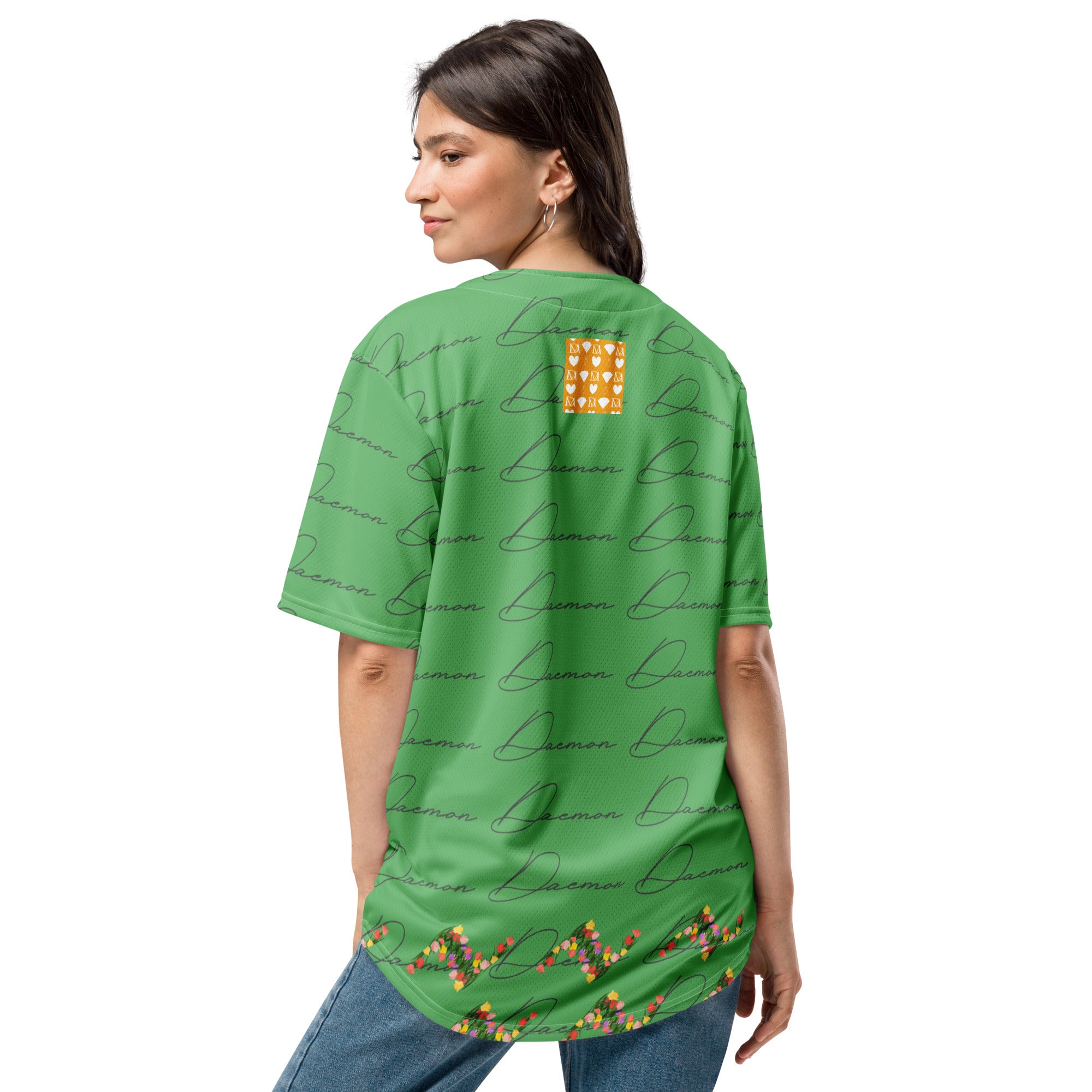 Daemon Luxury Honeybee California Signature Gardens unisex all-over-print recycled baseball jersey with white back.