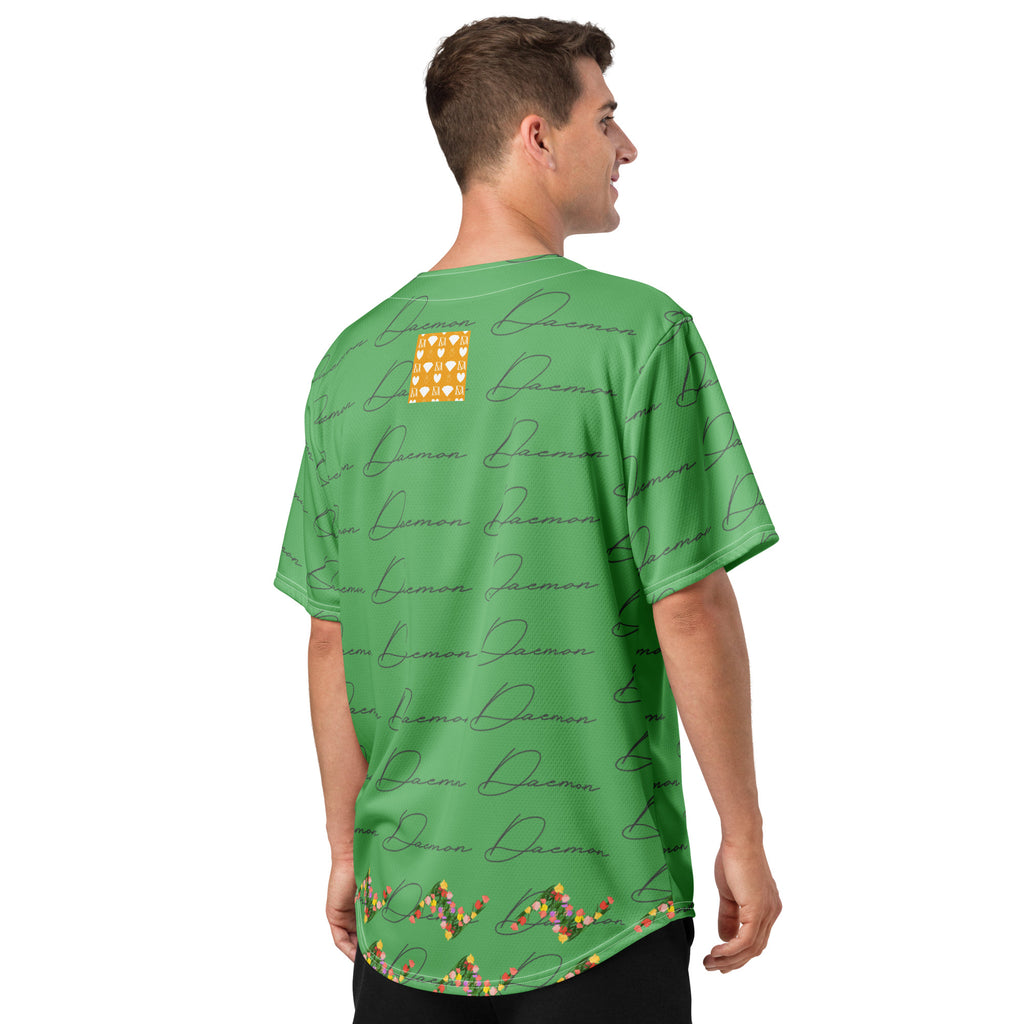 Daemon Luxury Honeybee California Maglia Baseball jersey with all-over print, recycled fabric, white background, unisex design.