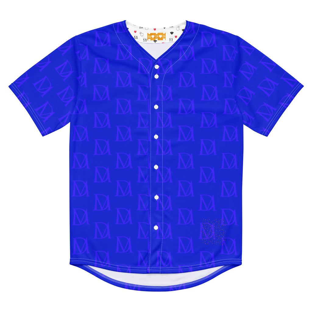 Recycled white unisex baseball jersey by Daemon Luxury with all-over indigo electrical print, featuring a classic baseball style.