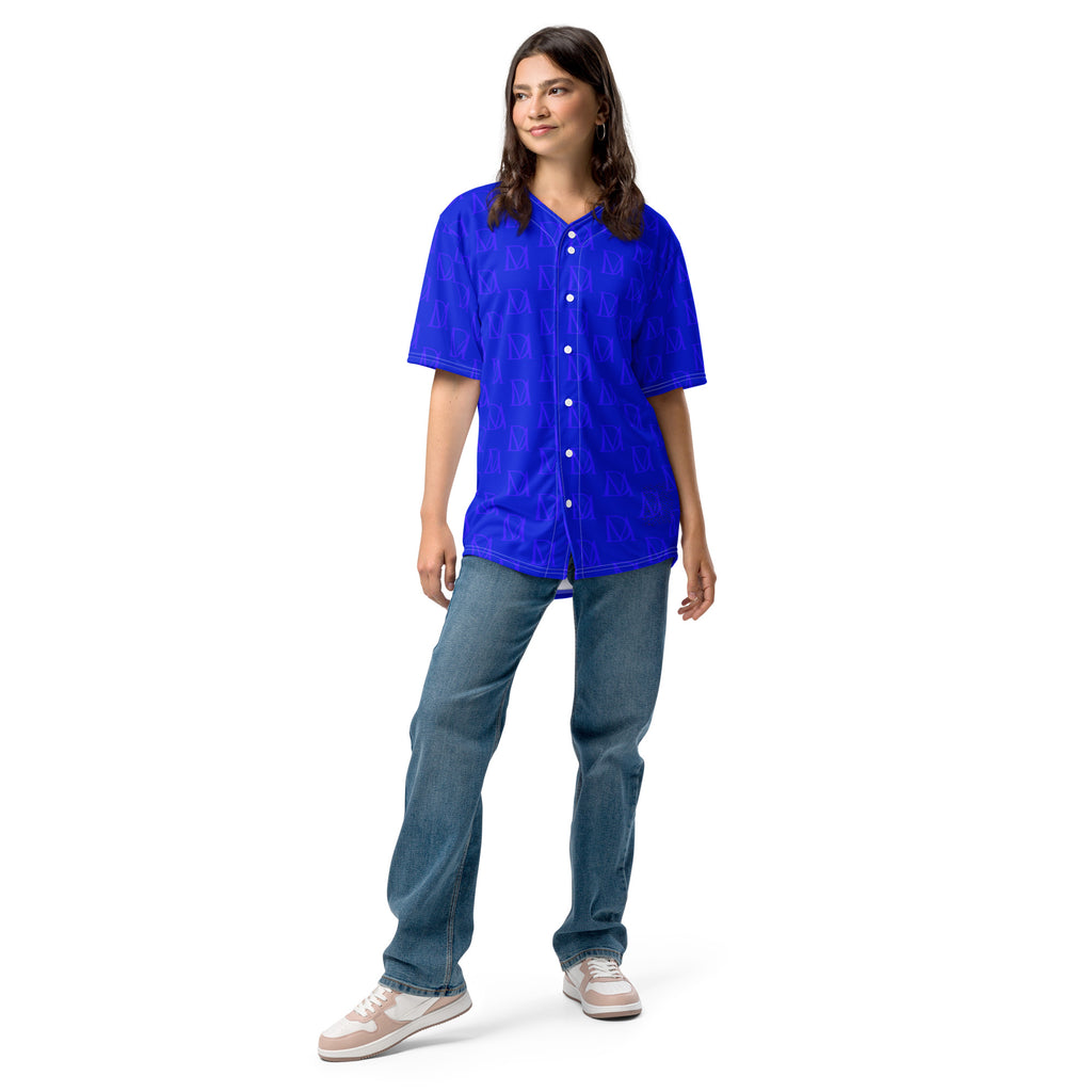 Unisex white baseball jersey with all-over indigo electrical print by Daemon Luxury, featuring a stylish recycled design and modern fit.