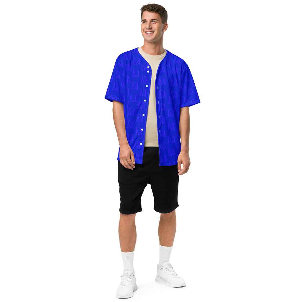 Recycled white unisex baseball jersey by Daemon Luxury with electric indigo all-over print and classic baseball style.