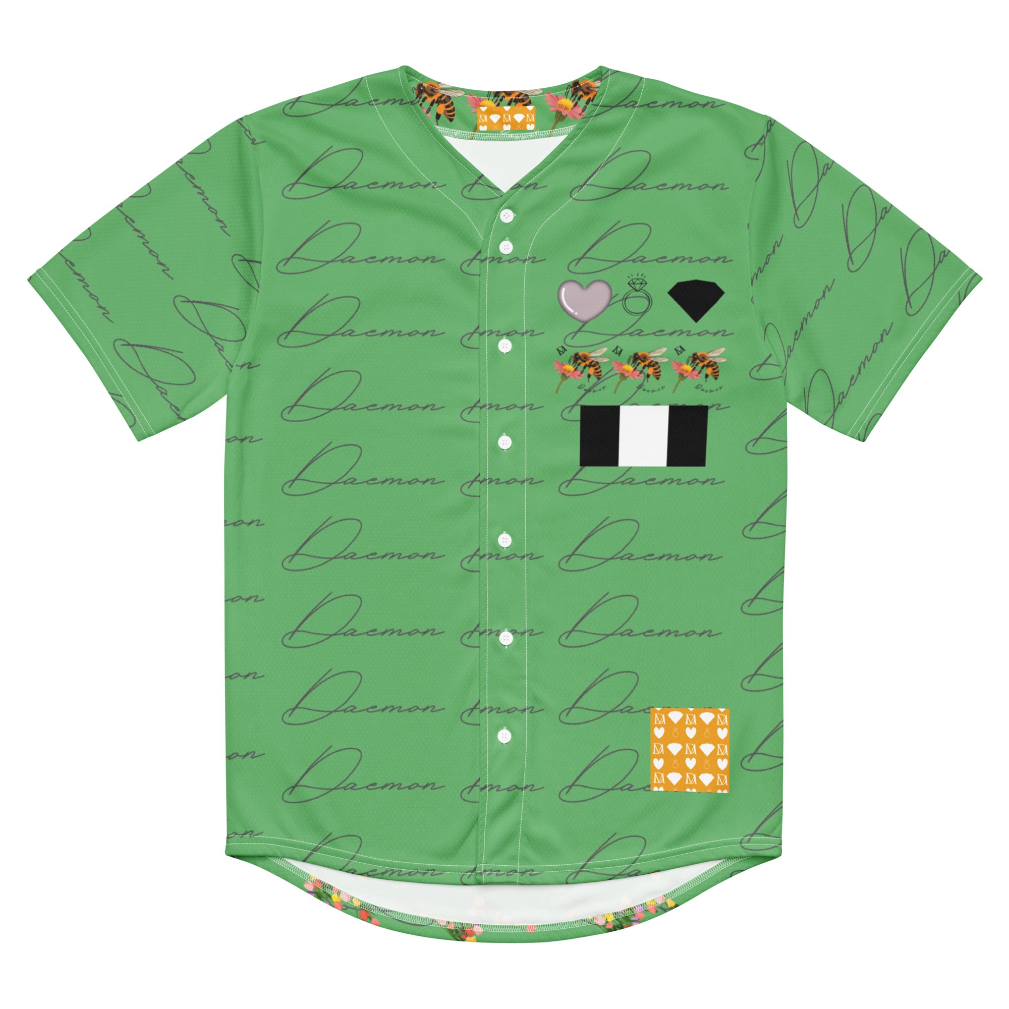 Recycled white unisex baseball jersey featuring a honeybee California signature gardens all-over print by Daemon Luxury.