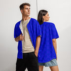 Recycled white unisex baseball jersey by Daemon Luxury with all-over indigo electrical print on front and back.
