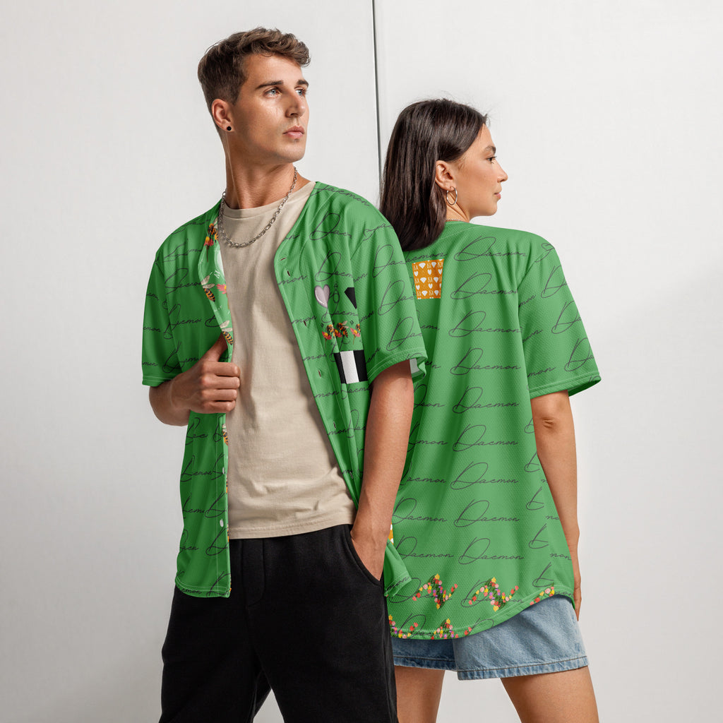 Daemon Luxury Honeybee California Signature Gardens all-over-print recycled unisex baseball jersey with white front and back design.