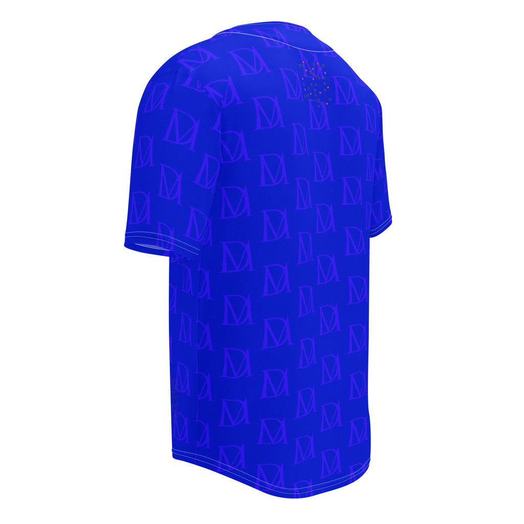 Recycled white unisex baseball jersey with all-over indigo electric graphic print by Daemon Luxury, featuring a classic baseball style.