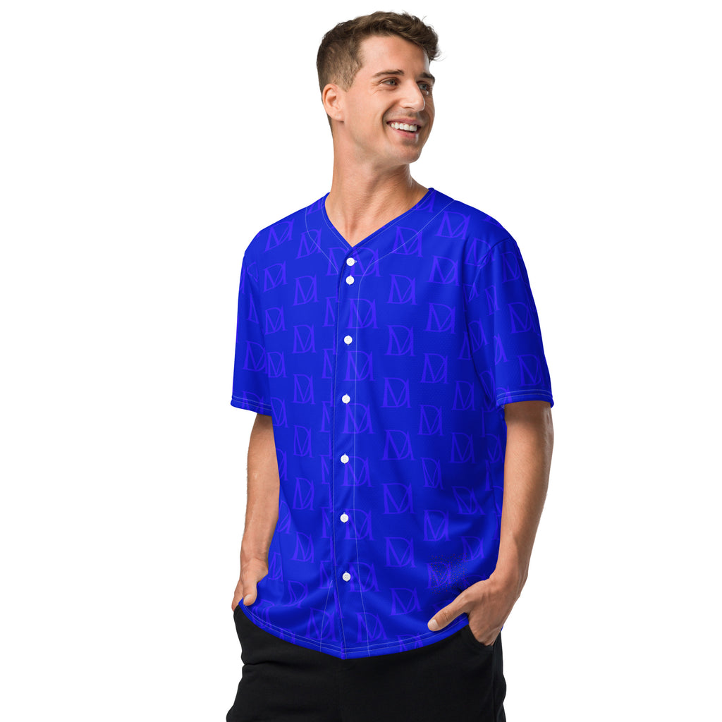 Recycled white unisex baseball jersey by Daemon Luxury featuring an all-over indigo electrical graphic print on the front.