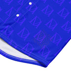 Recycled white unisex baseball jersey by Daemon Luxury with all-over electric indigo print and sporty design.