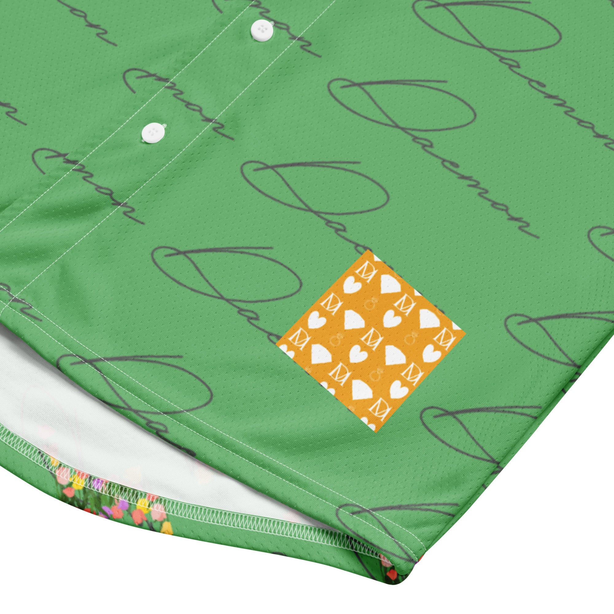 Unisex white Honeybee California Signature Gardens Daemon Luxury baseball jersey with all-over printed recycled fabric.