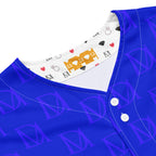 Recycled white unisex baseball jersey by Daemon Luxury with all-over indigo electrical print, casual sportswear style.