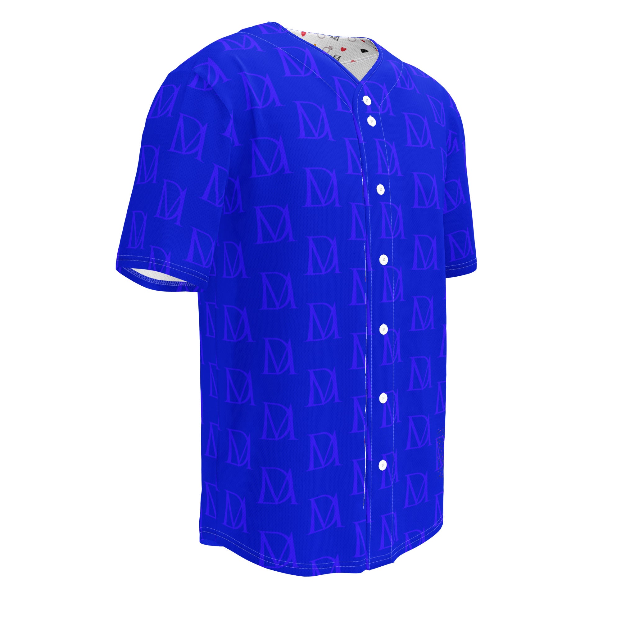 Daemon Luxury ELECTRICA unisex recycled all-over-print baseball jersey in white with electrical indigo design on the front.