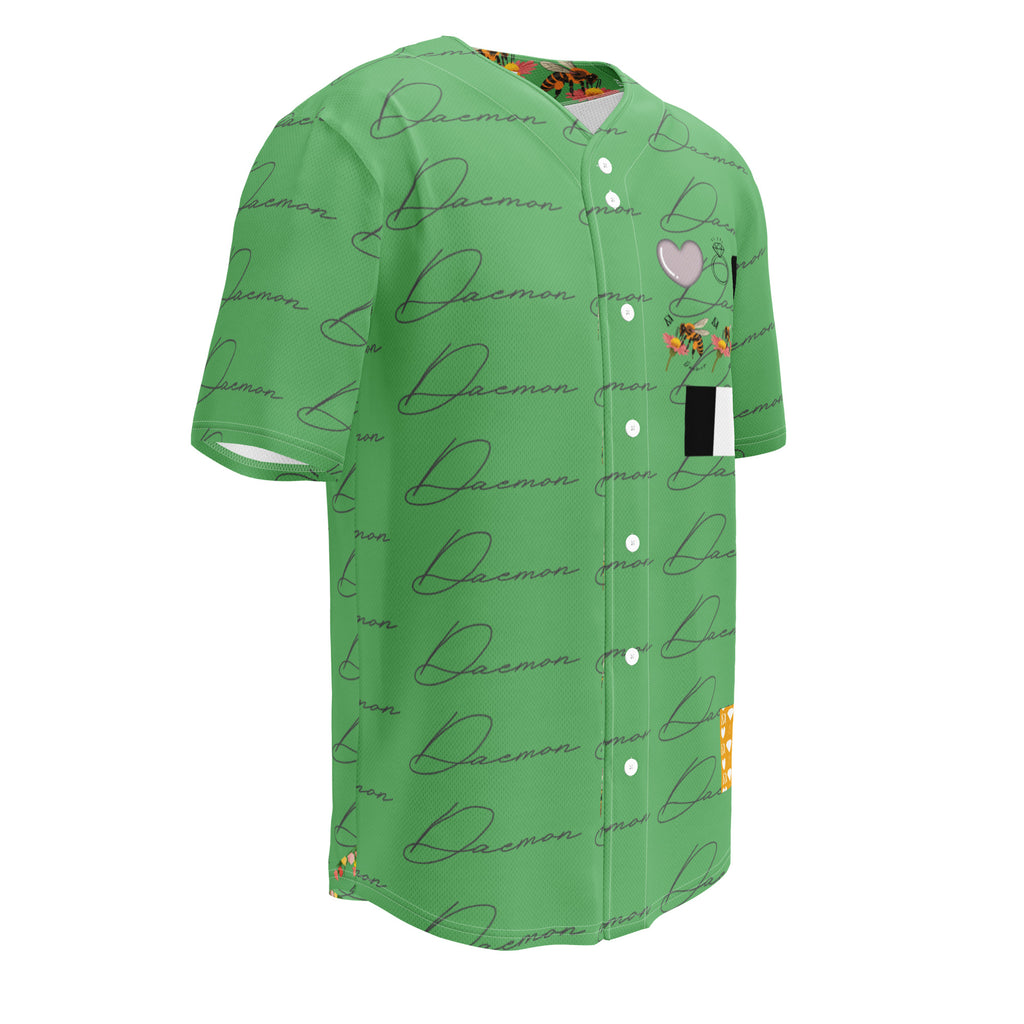 Daemon Luxury Honeybee California Signature Gardens unisex baseball jersey with all-over-print recycled fabric, white with detailed design.