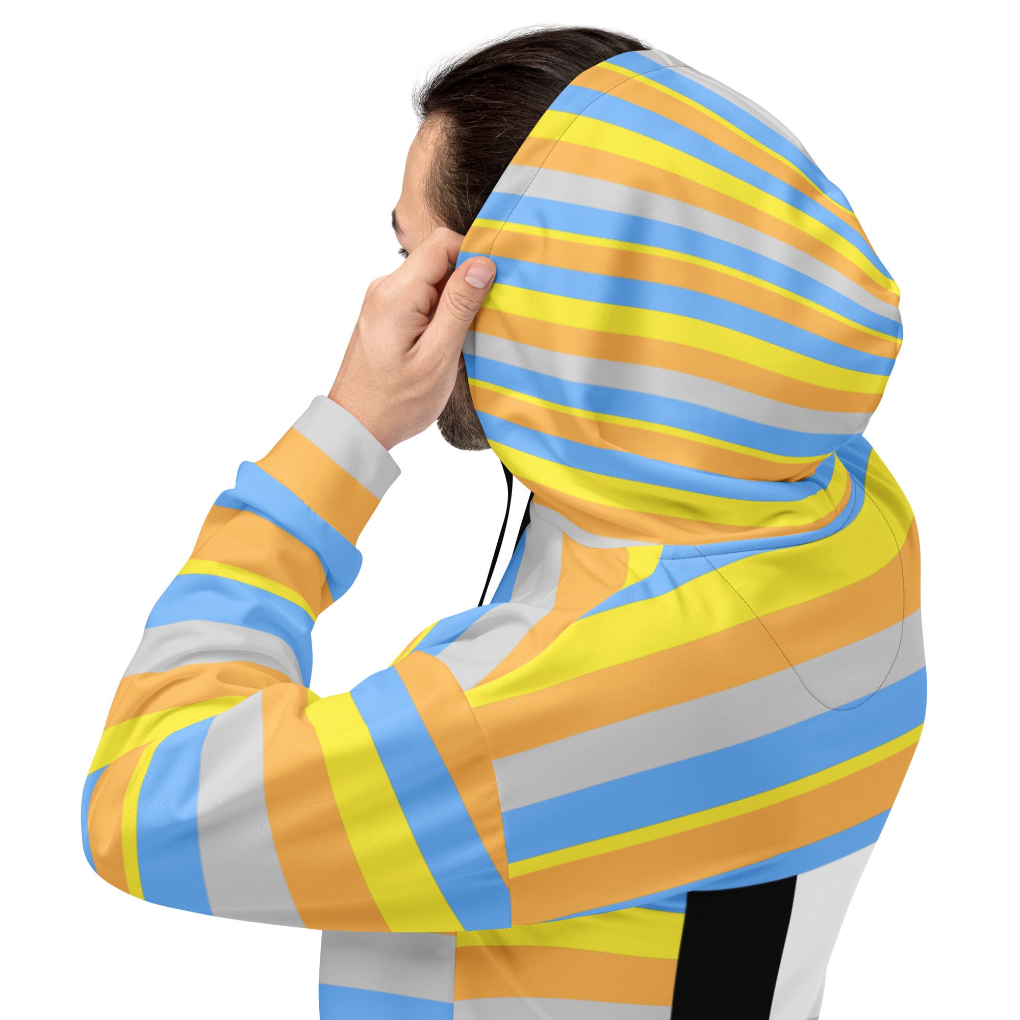 Daemon Pacific Fire Brighter Days unisex recycled hoodie with all-over white print, featuring a cozy hood and casual fit.