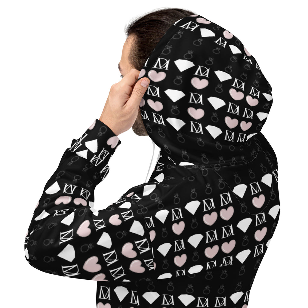 Unisex white hoodie with all-over print of frosted diamond love lock design by Daemon, casual and eco-friendly fashion.
