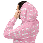 Unisex white hoodie with all-over print of frosted diamonds and cotton candy design by Daemon, casual streetwear style.