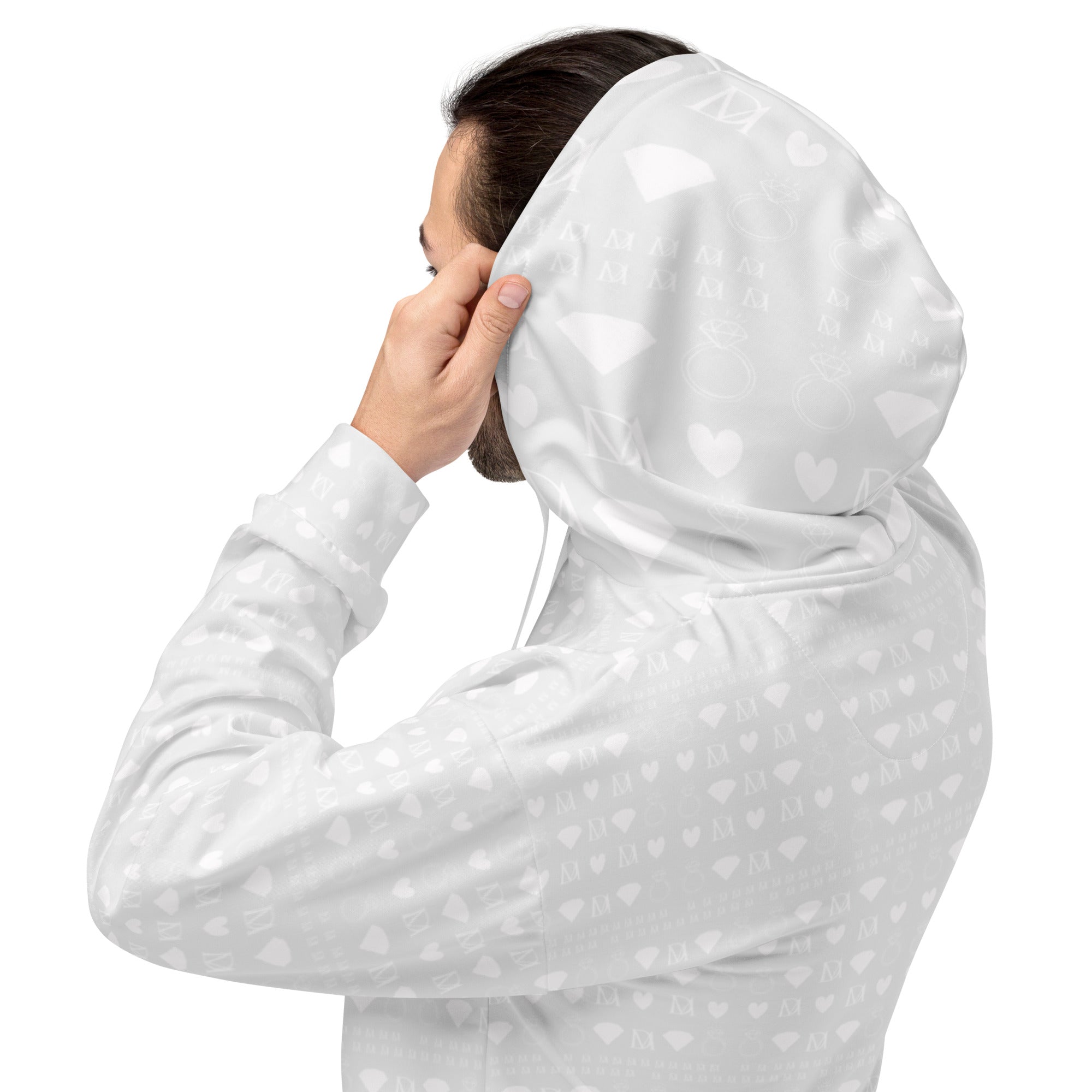 Unisex white hoodie with frosted diamond Artica design by Daemon, featuring all-over print and recycled fabric.