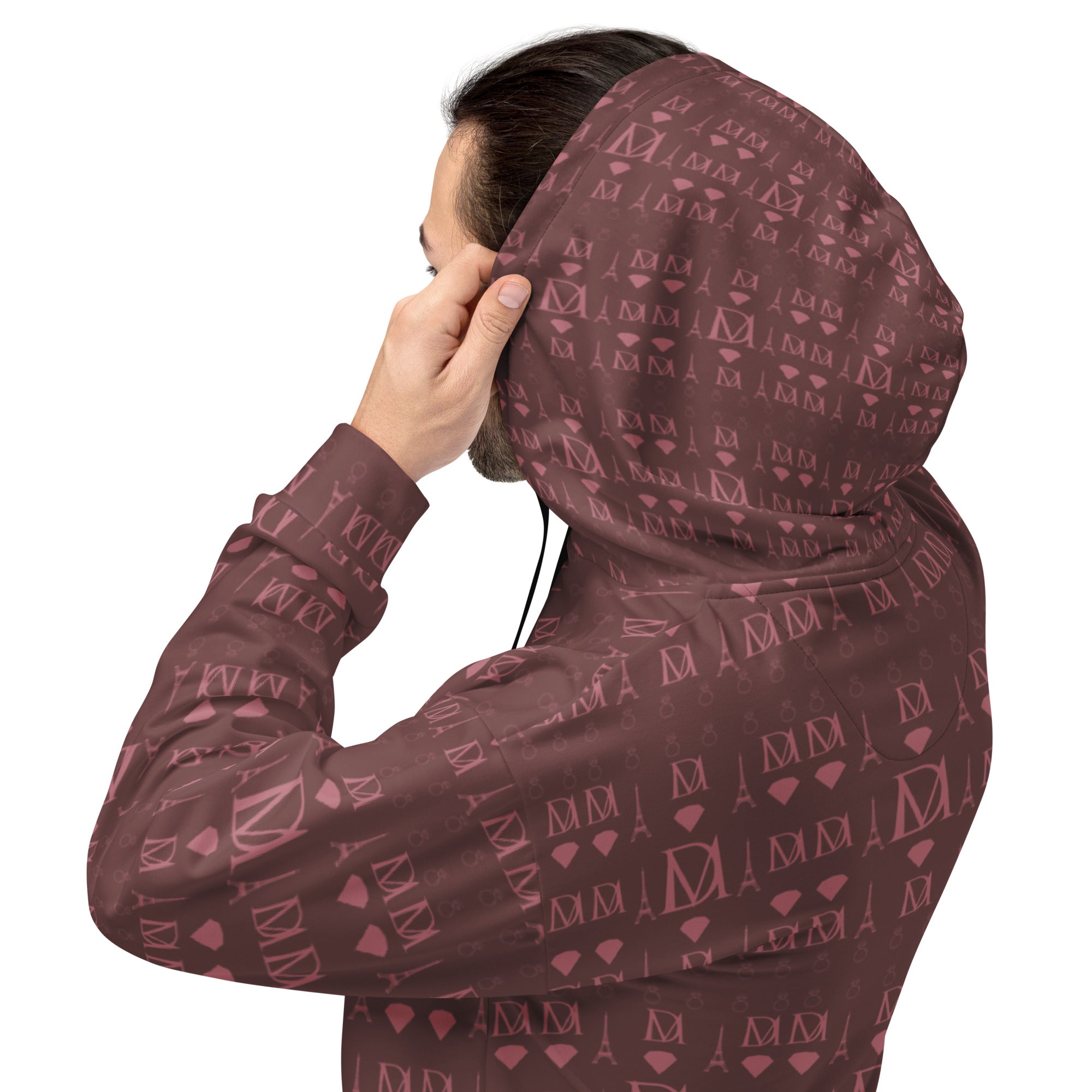 White recycled unisex hoodie with all-over Dim Horizon print and hood, by Daemon.