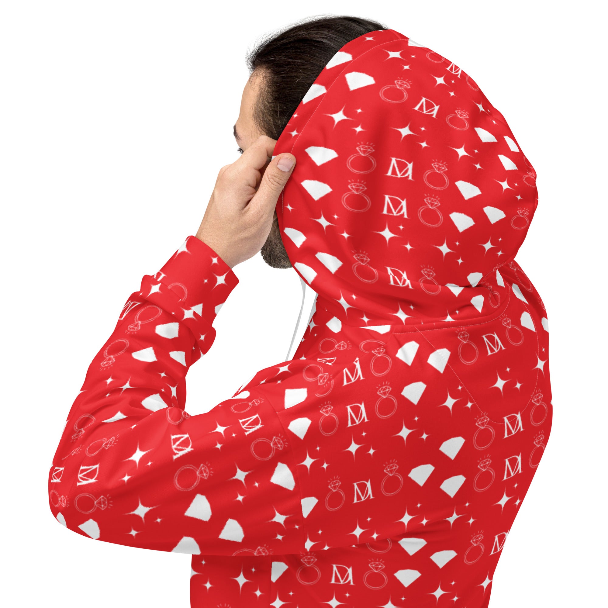Unisex Daemon Frosted Diamonds Stardust hoodie with all-over white recycled print and hood, front view showing detailed design.