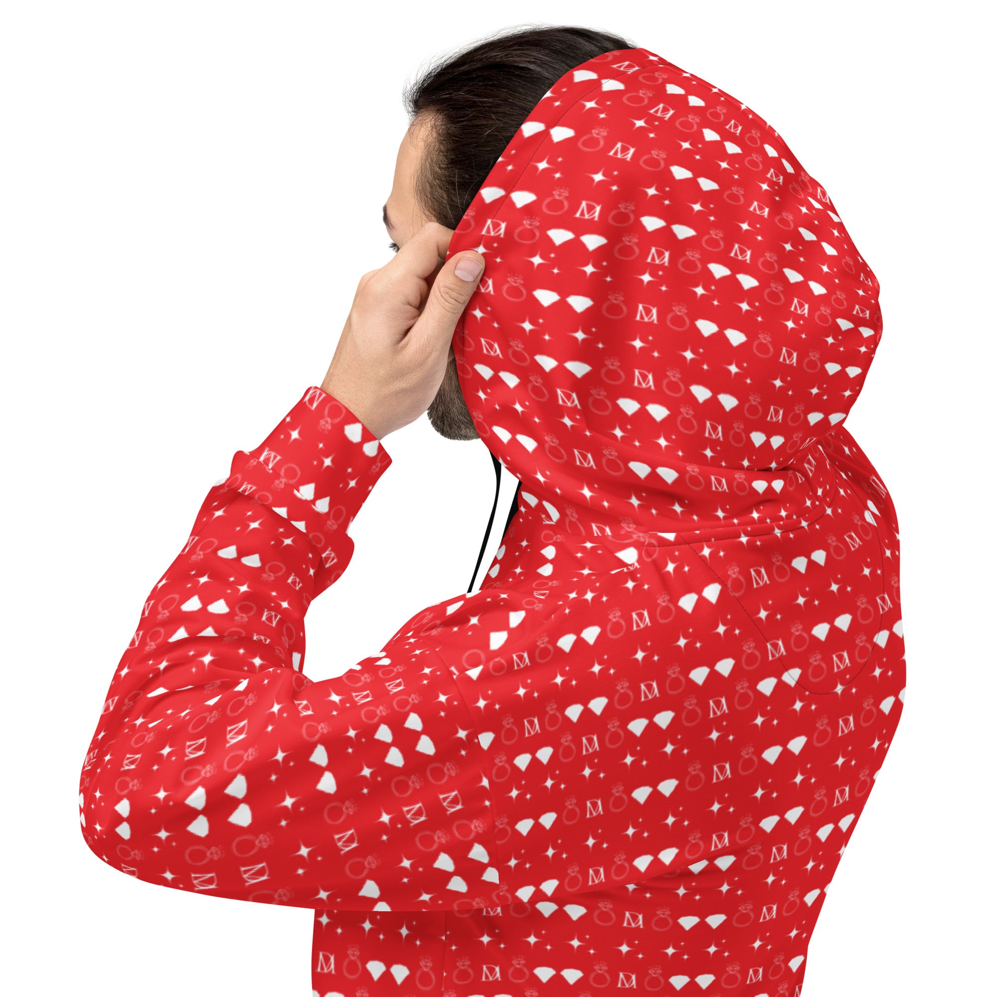 Unisex white hoodie with frosted diamond and Venus print, featuring a recycled fabric all-over design by Daemon.