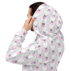 Unisex white hoodie with all-over frosted hearts Arctic Spade print by Daemon Luxury, featuring a hood and front pocket.