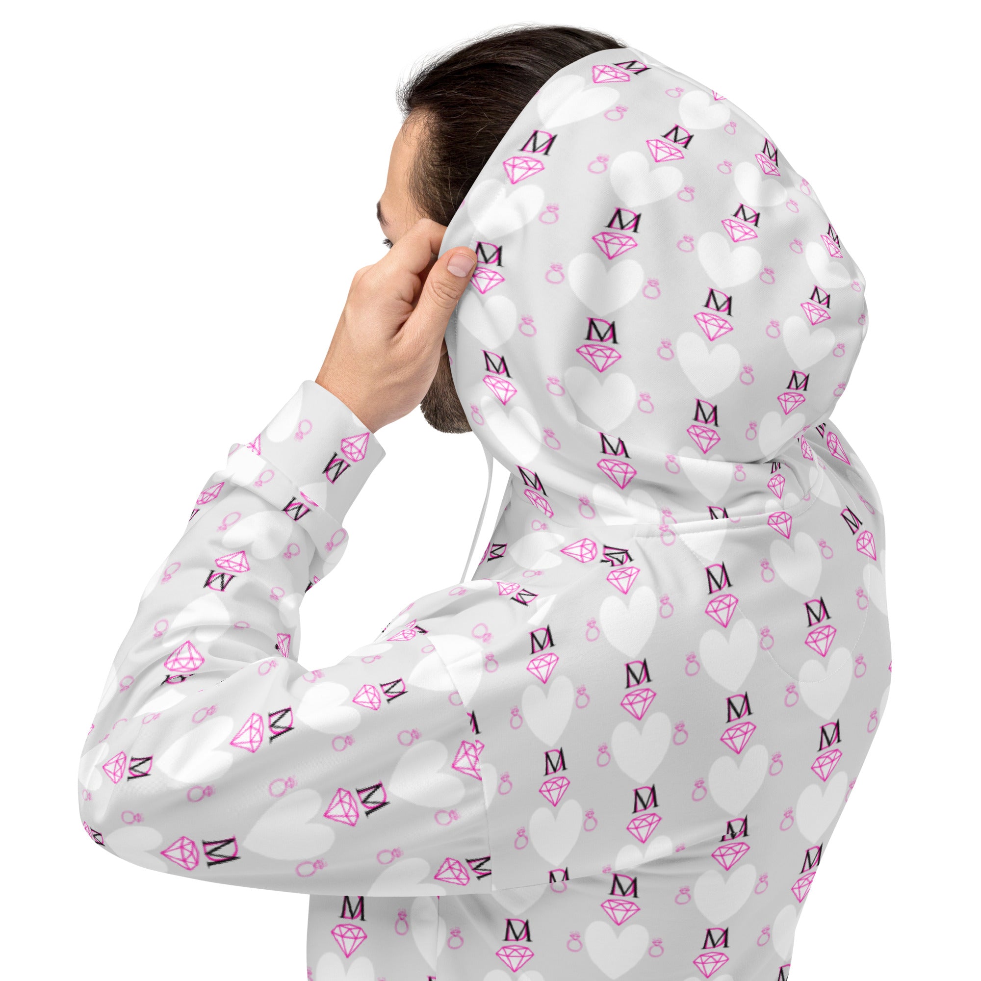 Unisex white hoodie with all-over frosted hearts Arctic Spade print by Daemon Luxury, featuring a hood and front pocket.