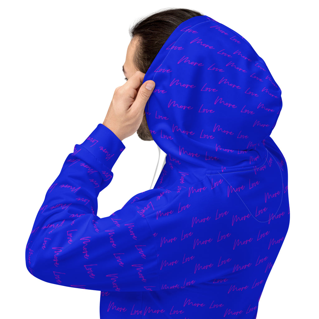 White recycled unisex hoodie with all-over electric signature move print from Daemon Luxury, featuring a hood and casual fit.