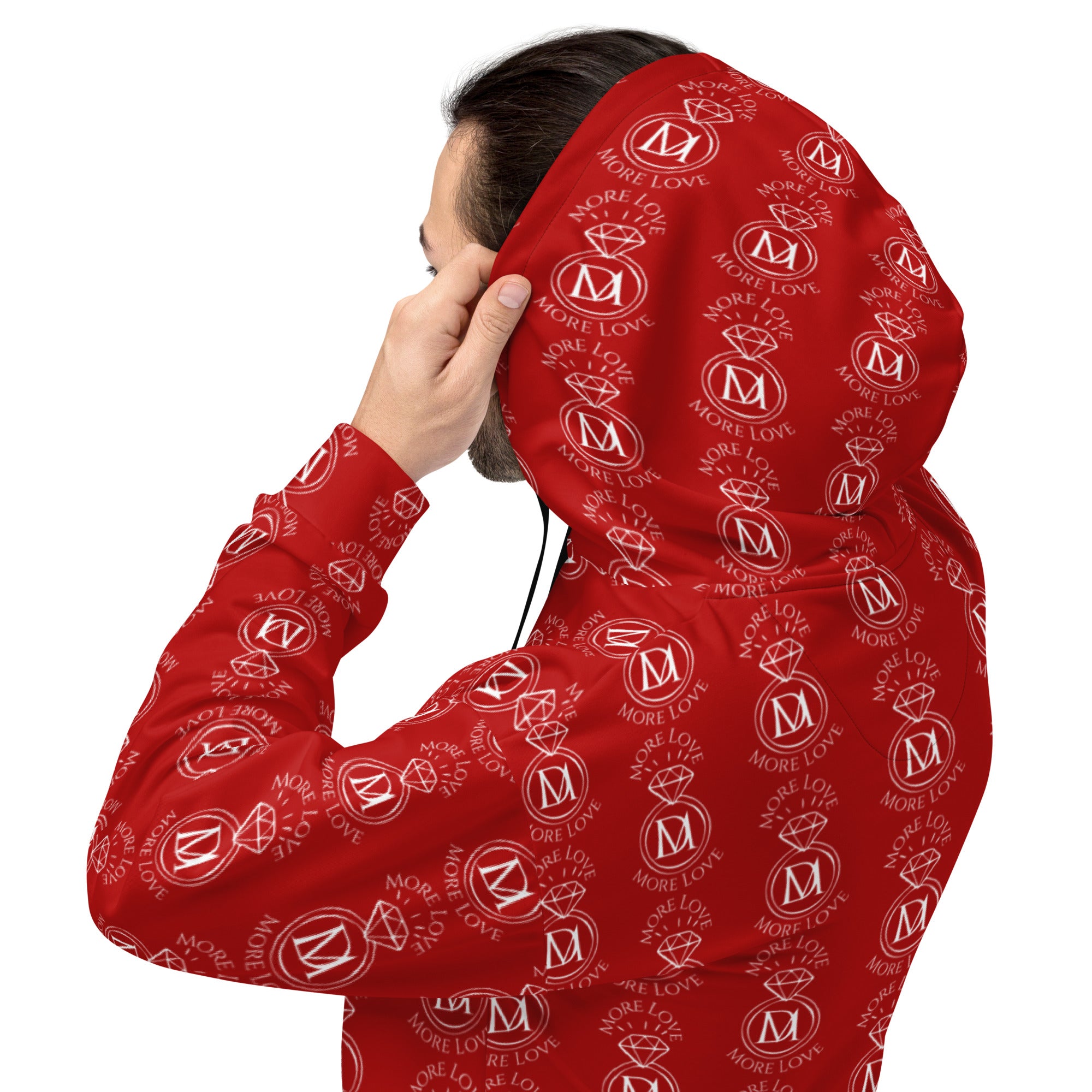 Daemon Luxury SUPREME MODELS initial ringer hoodie, all-over print recycled white unisex hoodie with back design.
