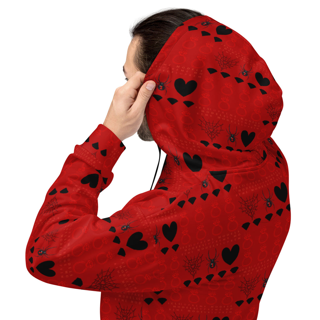 Daemon Luxury Supreme Models More Less Love II unisex recycled white hoodie with all-over print, front and back views.