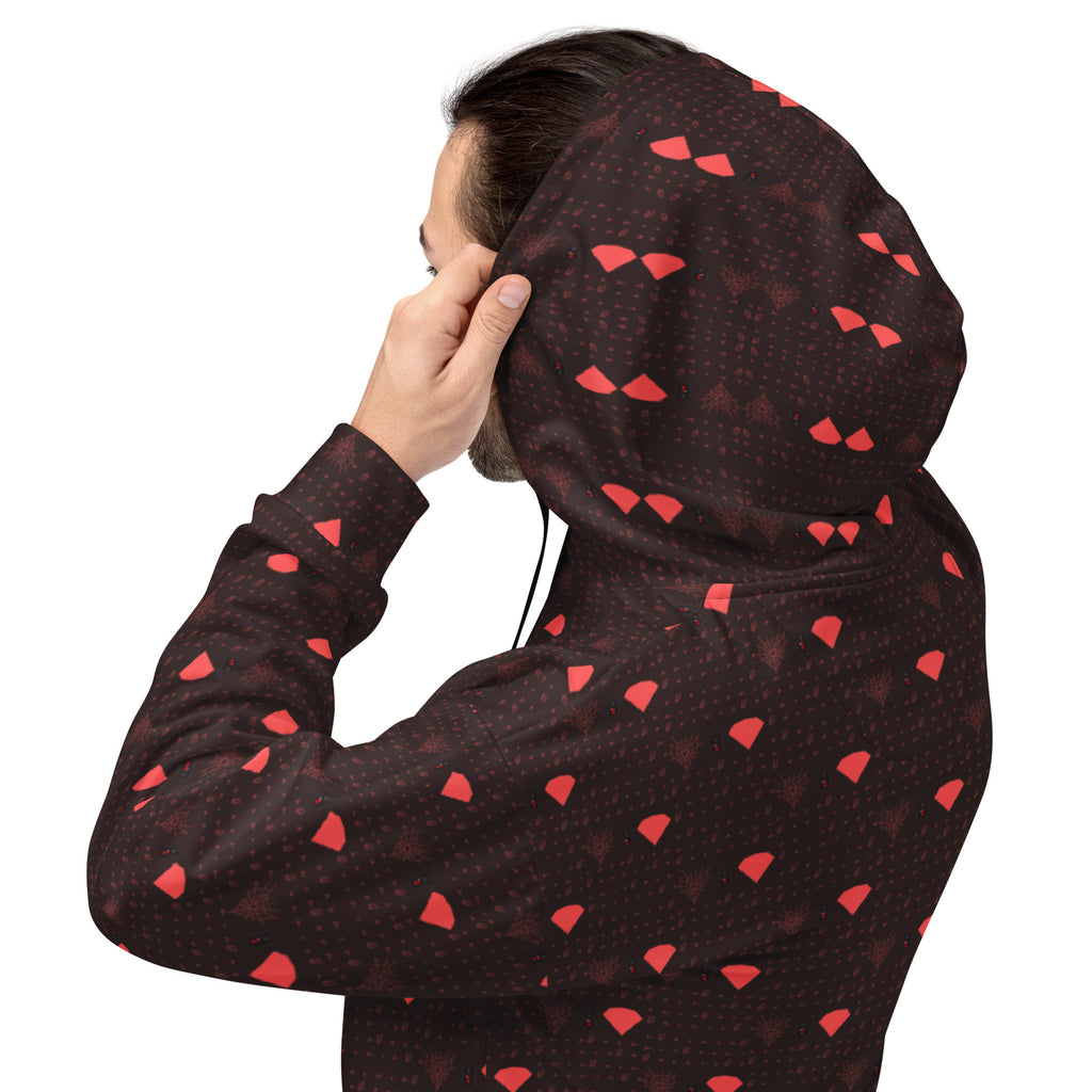 White Daemon Luxury Supreme Models Webbi Dainin unisex hoodie with all-over recycled print, front and back view.