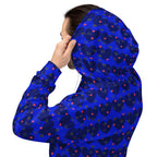 Daemon Luxury ELECTRICA Heartfelt Spree unisex hoodie with all-over recycled print, white background, front view.