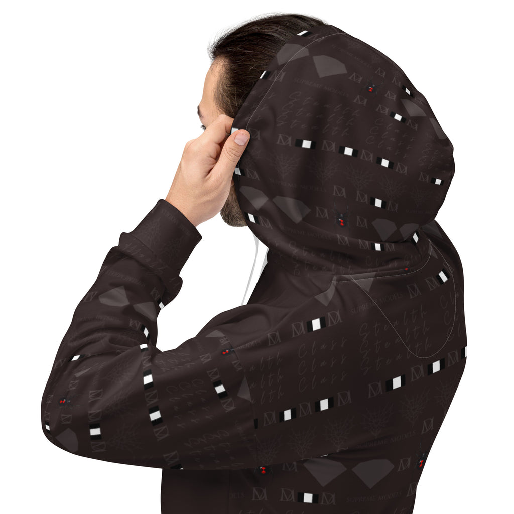 Daemon Luxury Supreme Models Lazey Hazey unisex white recycled hoodie with all-over print and hood, front view.