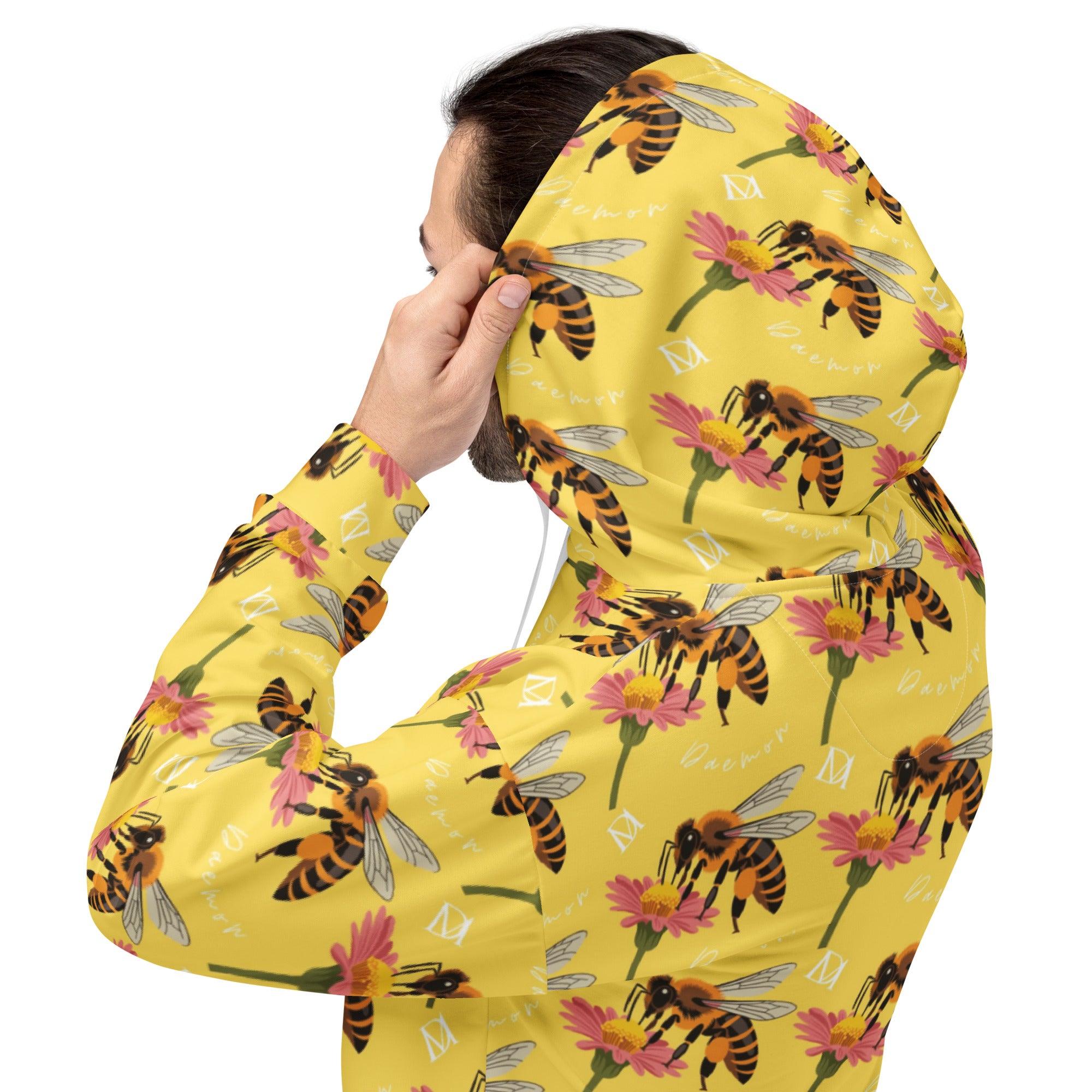 Daemon Luxury Honeybee Shores solo star unisex hoodie with all-over print on white recycled fabric, back view.