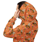 Recycled white unisex hoodie with all-over honeybee shores golden hour print by Daemon Luxury, front view showing detailed design.