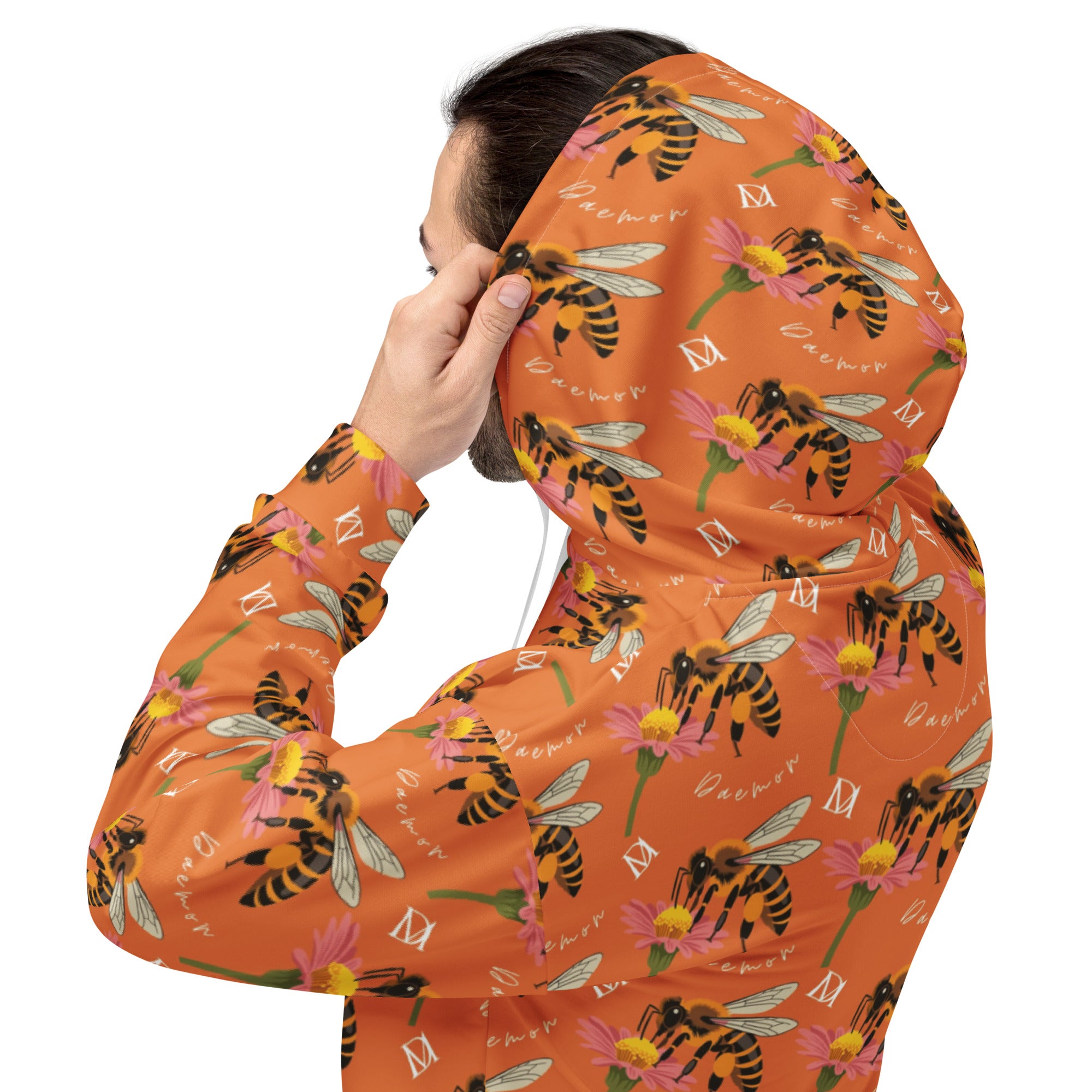 Recycled white unisex hoodie with all-over honeybee shores golden hour print by Daemon Luxury, front view showing detailed design.