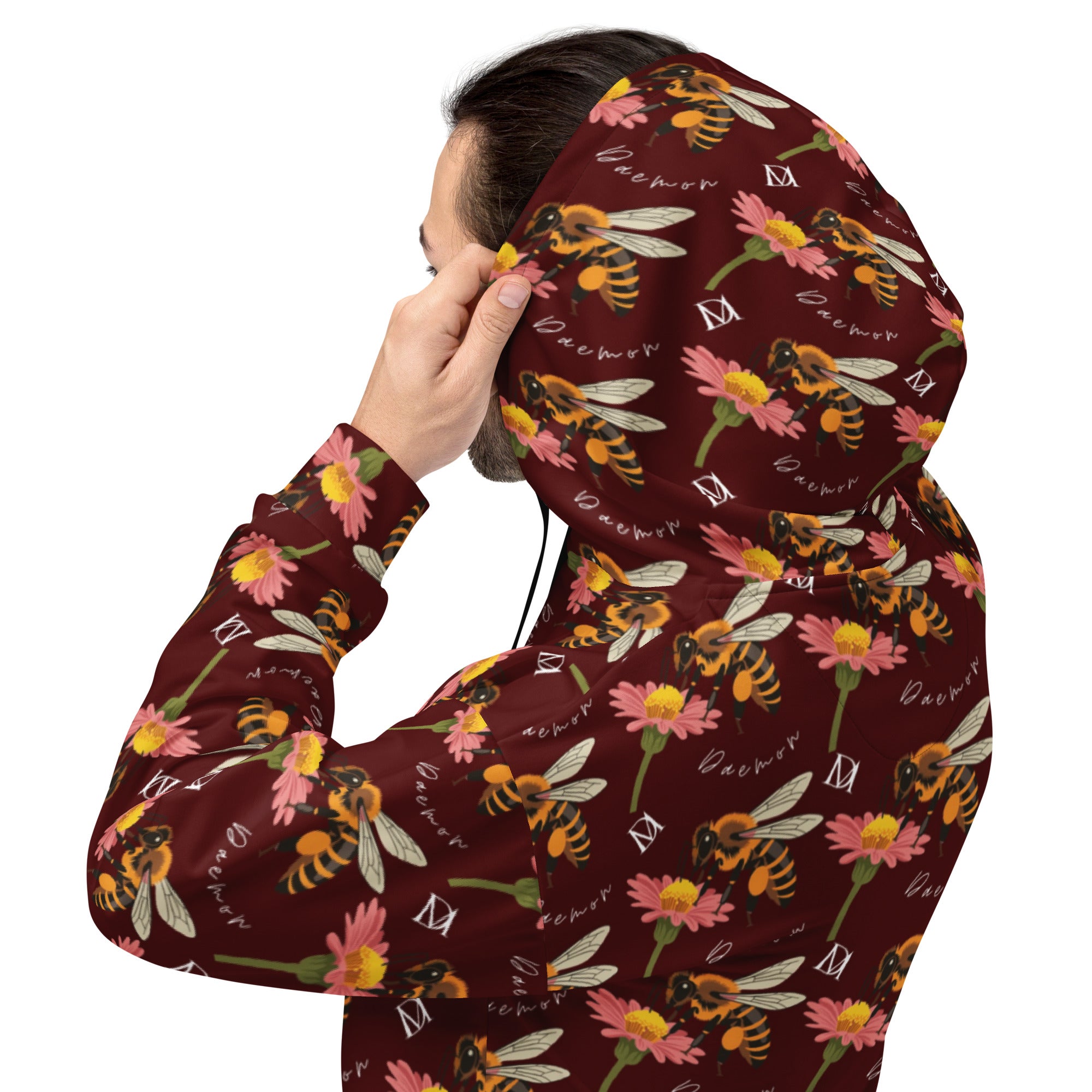 Recycled white unisex hoodie with all-over Honeybee Shores Gardena Dawn print by Daemon Luxury, featuring a hood and casual fit.